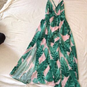 Lulus, Small, Pink and Green Tropical Leaf Maxi Dress
